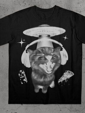 Funny Space Cat T-shirt - UFO Alien Abduction & Headphones Graphic Tee